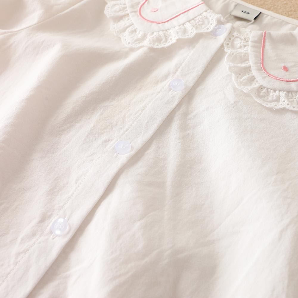 Girls White Shirt 100% Cotton 5-12T Embroidered Ruffled Collar Lace Trim Long Sleeved Top Kids Back To School Clothes