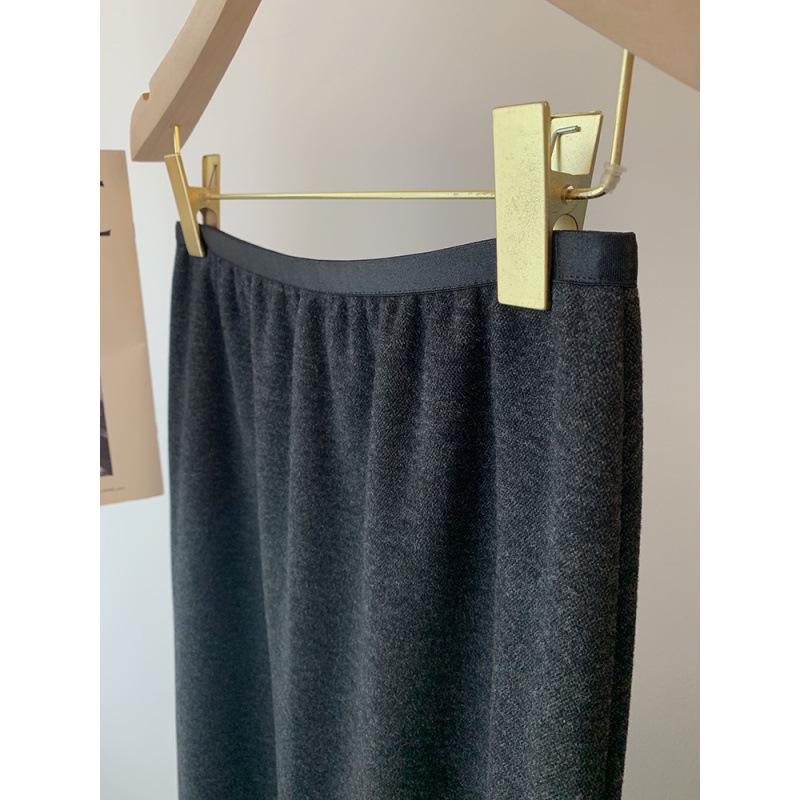 Women's Deep Gray Wool Tweed Midi A-line Skirt, 2026 Spring/Autumn Collection, Elastic High Waist.