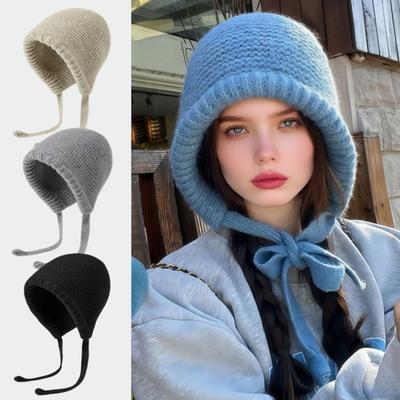 Women Retro Knitted Hat Winter Warm Rhombus Pattern Hat Big Head Sized No Brim Hat for Daily Outings Parties Dating