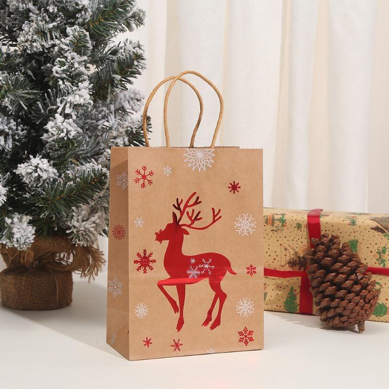 12PCS New Christmas Foil Stamped Paper Gift Bags Brown Kraft Tote with Reindeer Snowflake Tree Design for Holiday Party Presents