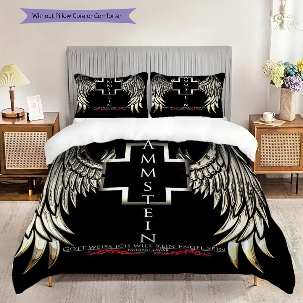 Metal Wings Cross Symbolism Bedding (1 * Duvet Cover + 2 * Pillowcase, Without Core) 2D Flat Duvet Cover and Pillowcase Bedding Set