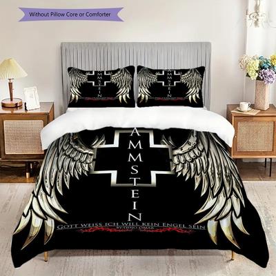 Metal Wings Cross Symbolism Bedding (1 * Duvet Cover + 2 * Pillowcase, Without Core) 2D Flat Duvet Cover and Pillowcase Bedding Set