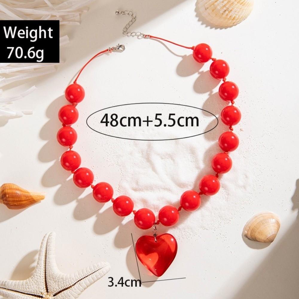 Adjustable Heart-shaped Pendant Necklace Metal Acrylic Round Bead Necklace For Women