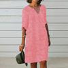 Women Summer Dress Mid Sleeves V-neck Solid Color Loose Pullover Daily Wear Flower Print Casual Lady Midi Dress Female Clothes