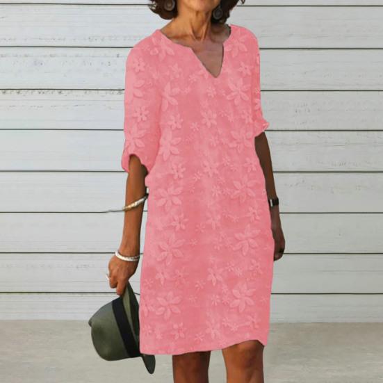 Women Summer Dress Mid Sleeves V-neck Solid Color Loose Pullover Daily Wear Flower Print Casual Lady Midi Dress Female Clothes