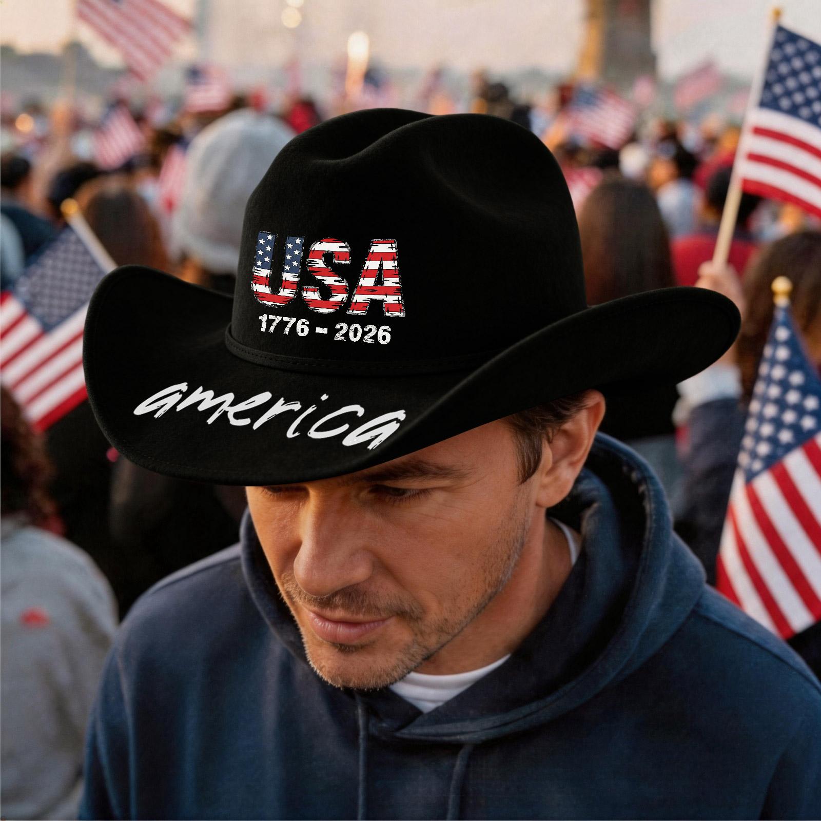 

Men Women Casual Retro Style Anniversary Element Printed Denim Cowboy Hat USA Flag Design Adjustable Fit Outdoor Headwear One Size