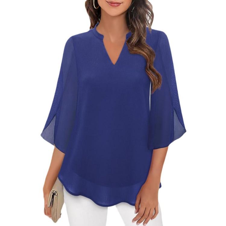 Summer Women's Casual Chiffon Shirt Loose V-Neck Petal Sleeve Blouse