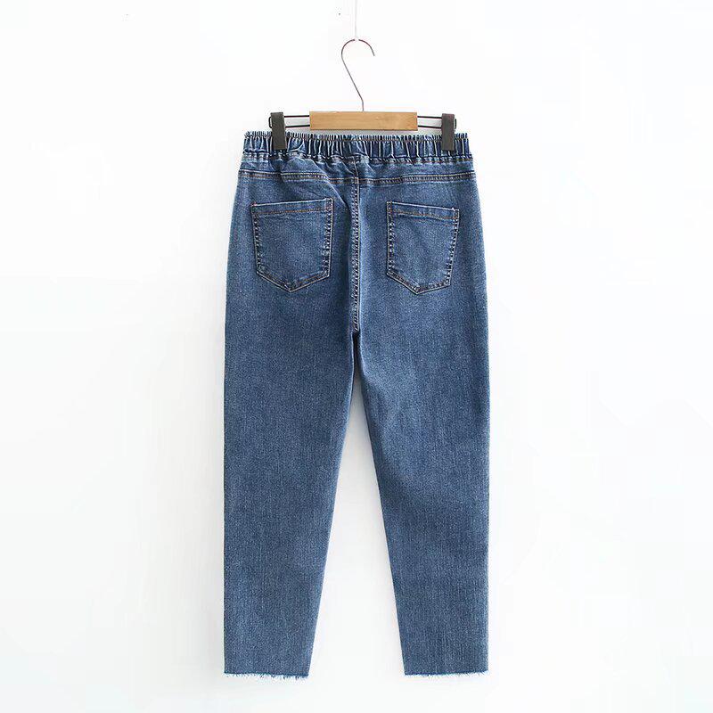 Spring 2022 Plus Size High Waist Rhinestone Embellished Denim Cropped Pants for Women