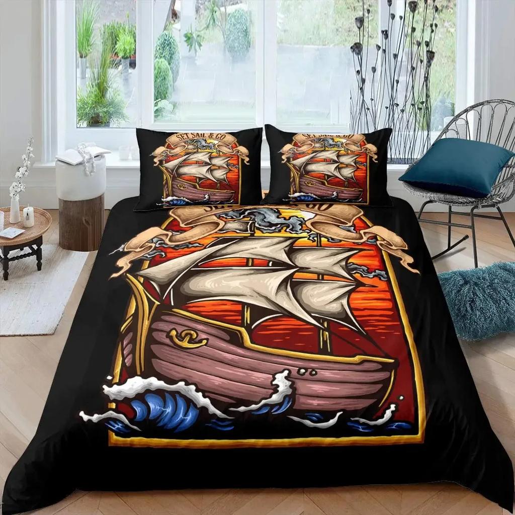Funny Pirate Cat Duvet Cover Set Cat Riding Whale Japanese-Style Sea Wave Bedding Sets Stripe Lines Comforter Cover Full Queen