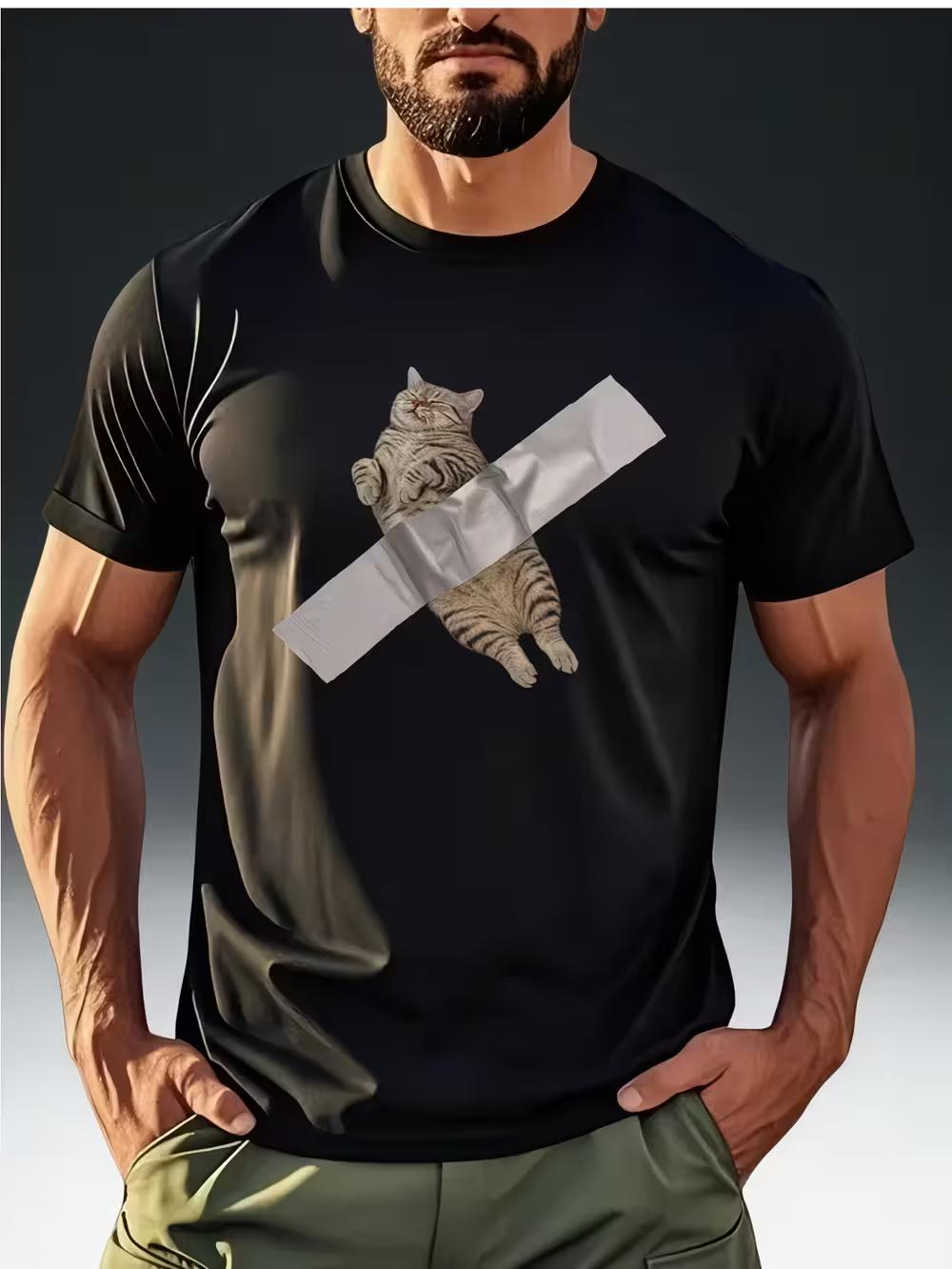 Men S Trendy T-Shirt Featuring a Quirky Cat And Tape-Themed Print M