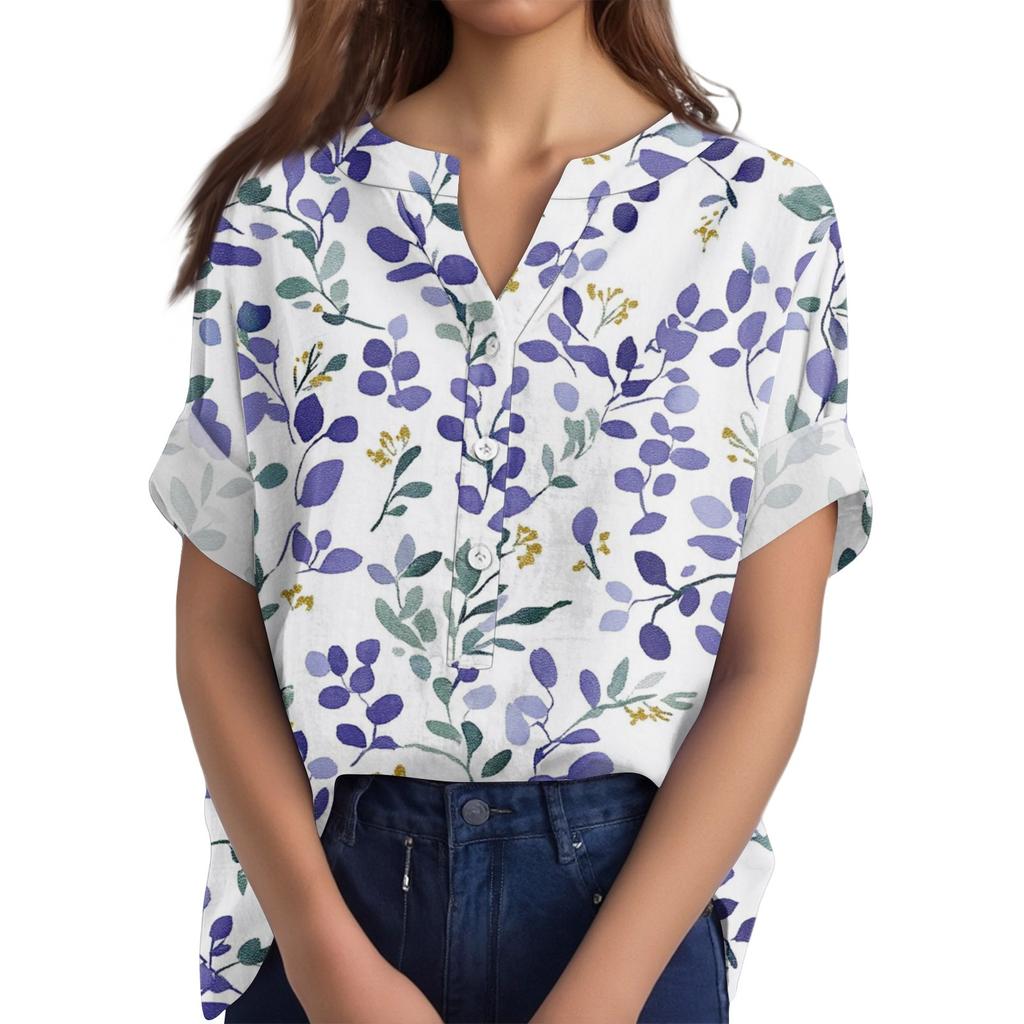 Women's Cotton Linen Round Neck Short Sleeve With Button Tops Printed T-shirt