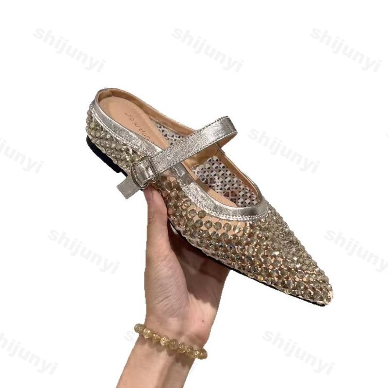 Fashion Summer Women Slippers 2025 New Rhinestone Leisure Slipper Retro Pointed Toe Metal Buckle Fashion Half Slipper Sandalias De Mujer