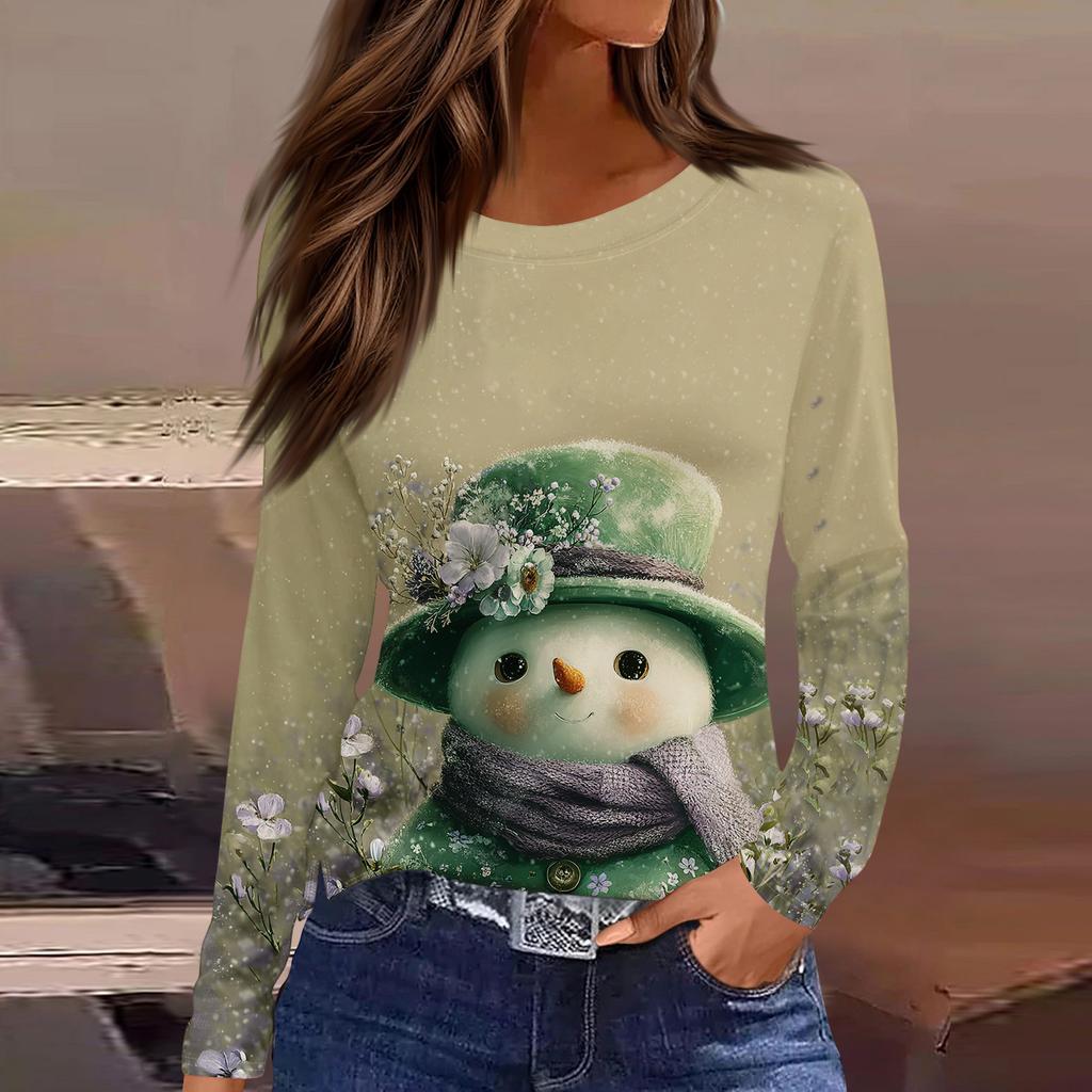 Women's Fashion Casual Slit Hem Round Neck Long Sleeve Loose Printed T-Shirt Ladies Top Christmas