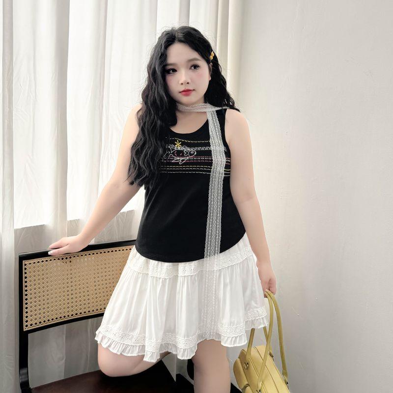 

Plus size women clothing [Cartoon Fish Sling] Summer Chubby Girl round Neck Horizontal Color Stripe Embroidery 100.00kg Vest Top Night Black-Vest 7xl