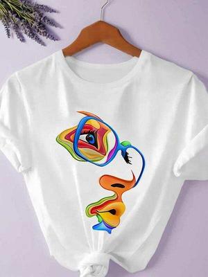 Unisex buntes abstraktes Gesichtsdruck-Rundhals-T-Shirt, Modisches lässiges kurzärmeliges T-Shirt für den täglichen Gebrauch