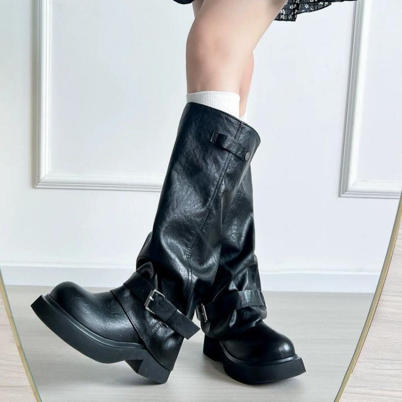 Fashion Belt Buckle Black Mid-thigh Boots Women's Long-thigh Boots Plus Size