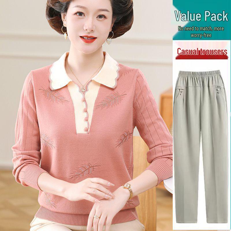 Mamčin jarně-podzimní pletený svetrový set: Volný top s ohrnovacím límcem pro ženy středního věku a starší