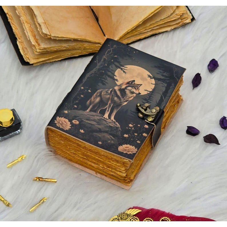 Lunar Wolf Grimoire – Handcrafted Vintage Book with Lock | Leather Notebook with Wolf & Moon Cover | Aesthetic Gothic Book | Grimoire Book