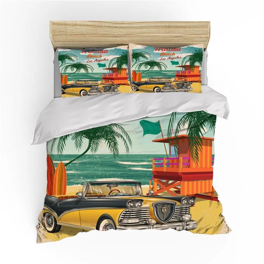 Surf Duvet Cover Hippie Classic Old Bus Surfboard Freedom Holiday Exotic Life Sketchy Art Yellow Orange Room Decor For Women Men