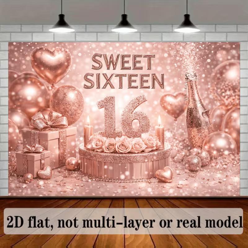 2D Rose Gold Sweet Sixteen Backdrop 16th Birthday Party Background