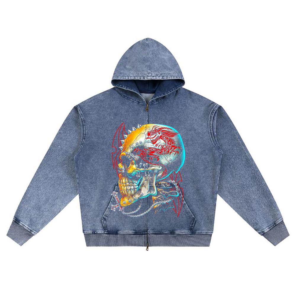 DTG Print Knitted Denim Zip-Up Hoodie Copy of Skull Trival Brother Print Zipper Hoodies  