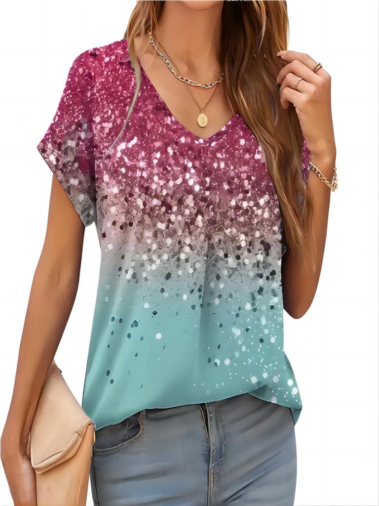 2024 luźna casualowa damska koszulka letnia podstawowa z dekoltem V z krótkim rękawem modna koszulka z cyfrowym nadrukiem 3D top