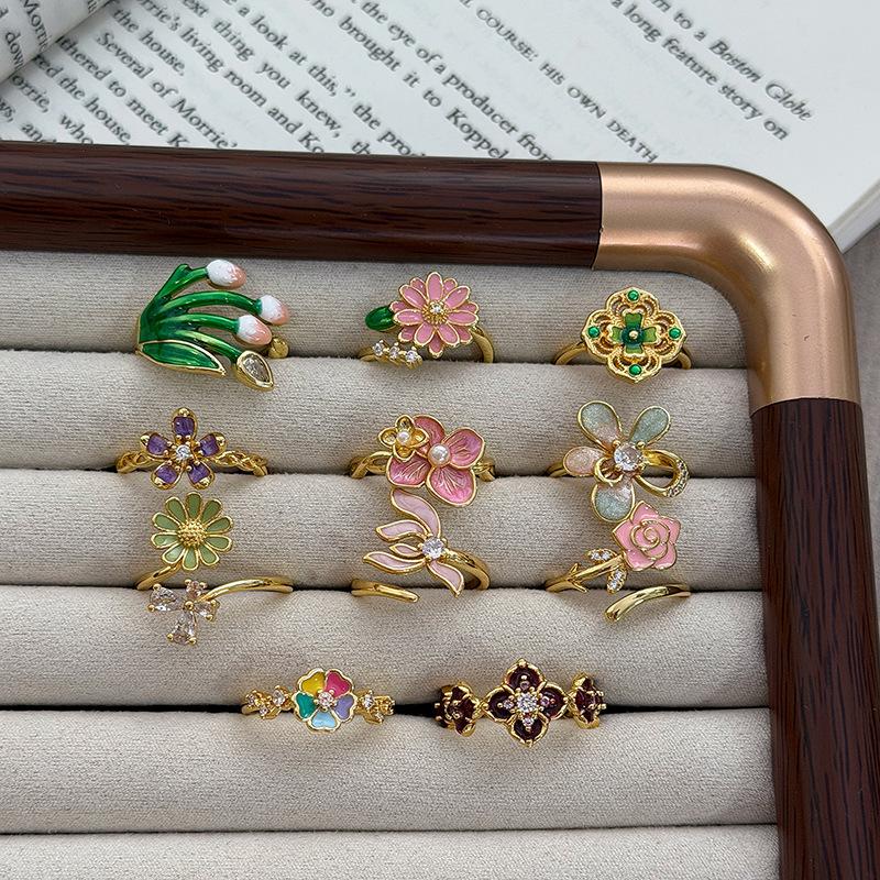 Sweet Stacked Enamel Dripping Oil Flower Temperament Open Ring Women'S Fashion Niche Design Sense Light Luxury Ring
