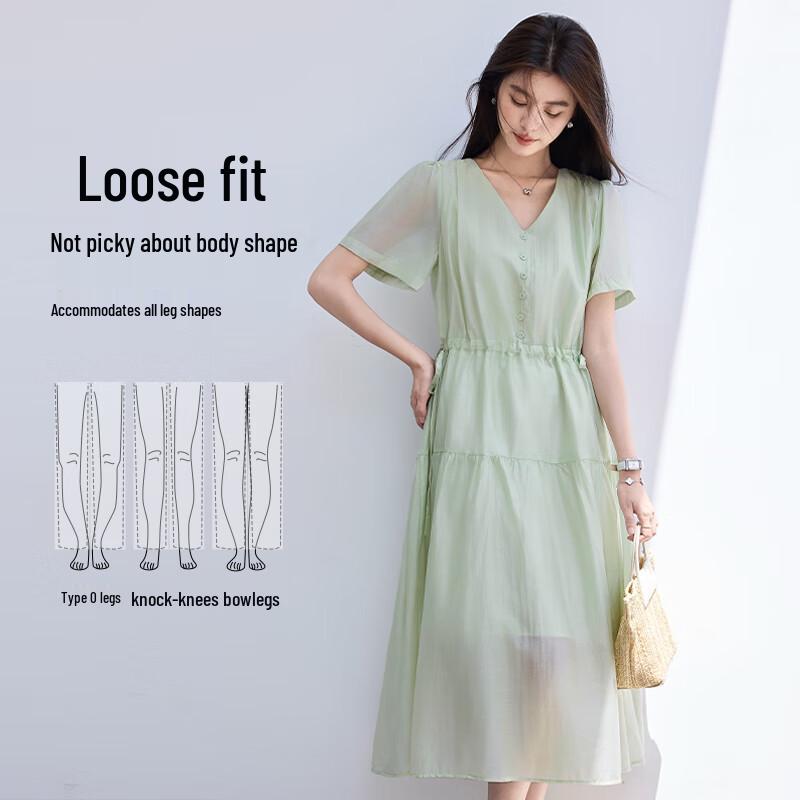 VICTORIA&VERA Women's Tencel V-Neck A-Line Midi Dress