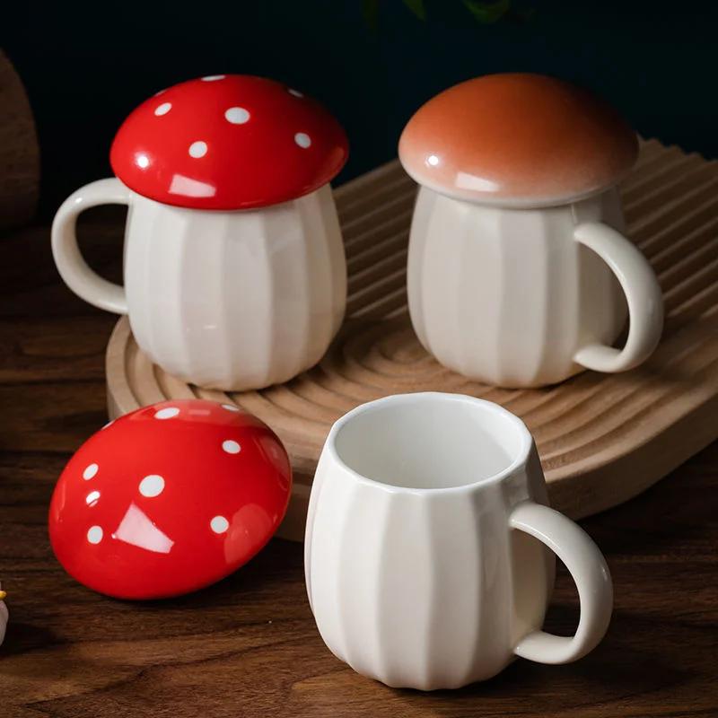 New Style Cartoon Mushroom Theme Water Bottle Mug Cup Ceramic Material Milk Coffee With Lid Fairy Tale