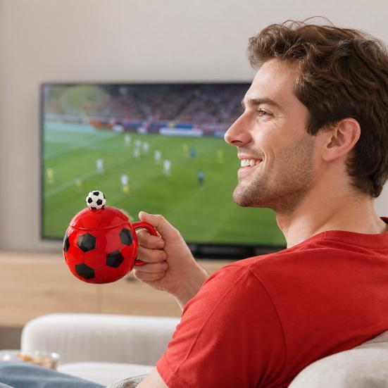 Soccer Ceramic Mug, 400ml Football Shaped Cup with Lid, Black White Hexagon Sports Drinkware for Home Office, Fan Gifts