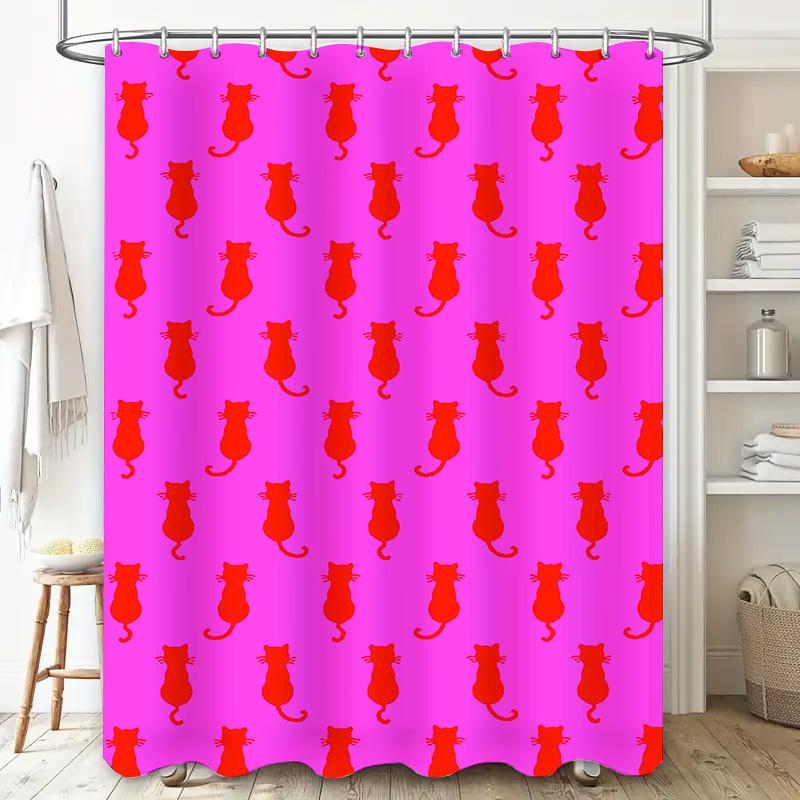 Vintage Style Black Cats Shower Curtain With Pink Background Classic 50S Retro Design For Bathroom Decorations