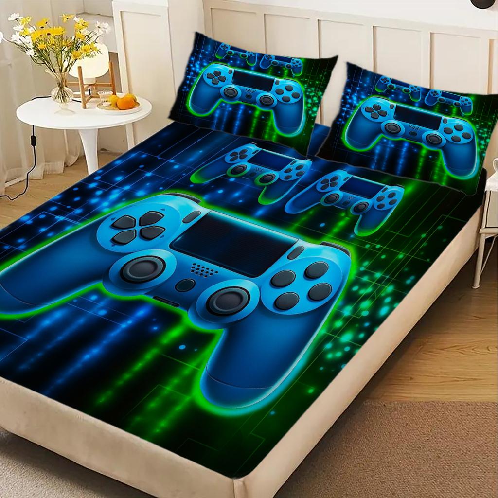 3PCs Cool Gamer Sheet Set Soft Digital Printed Fitted Sheet Set With 2 Pillowcases Birthday Gifts For Boys Bedroom Decor