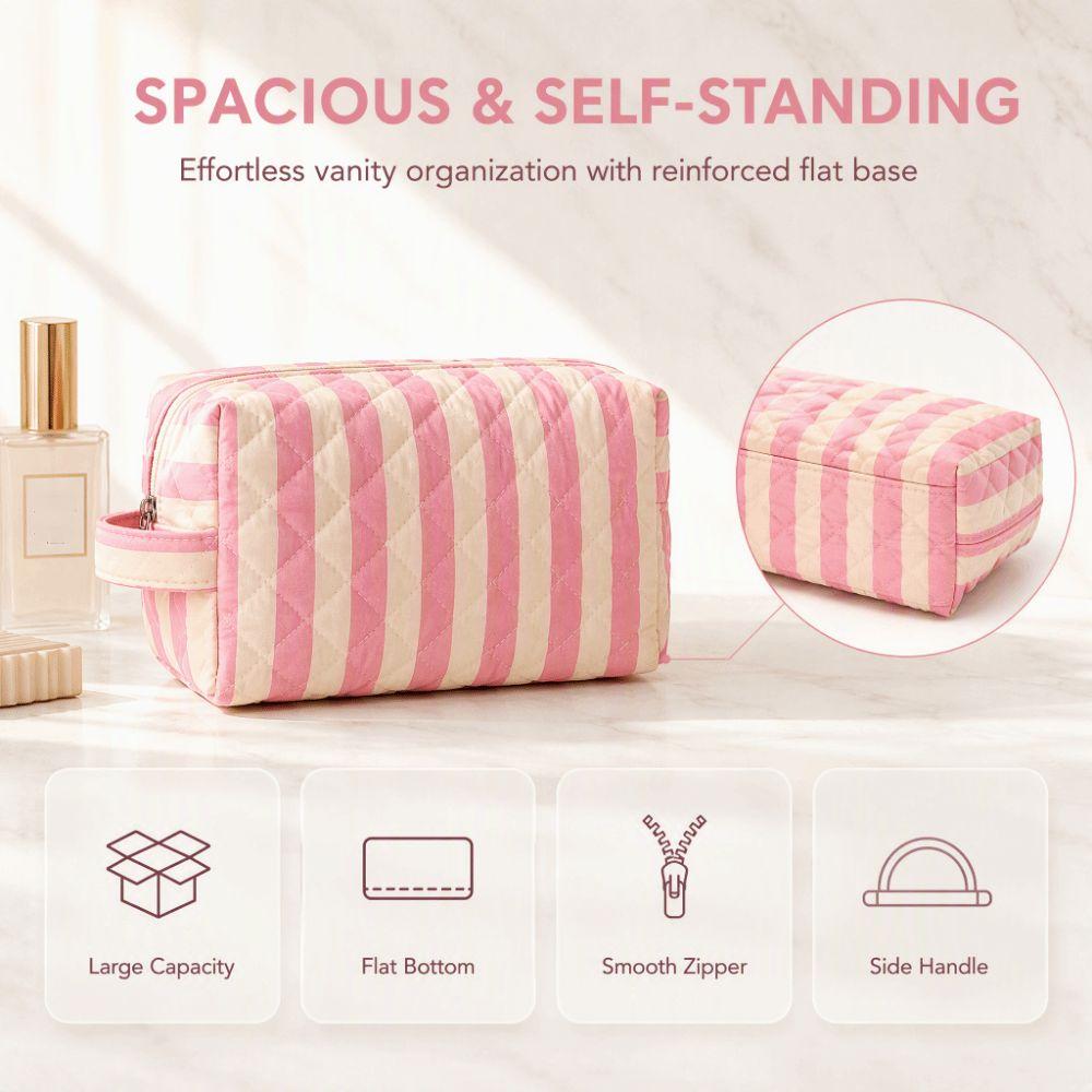 Zip Top Cosmetic Bag Striped Makeup Organizer Reusable Storage Bag Daily Use