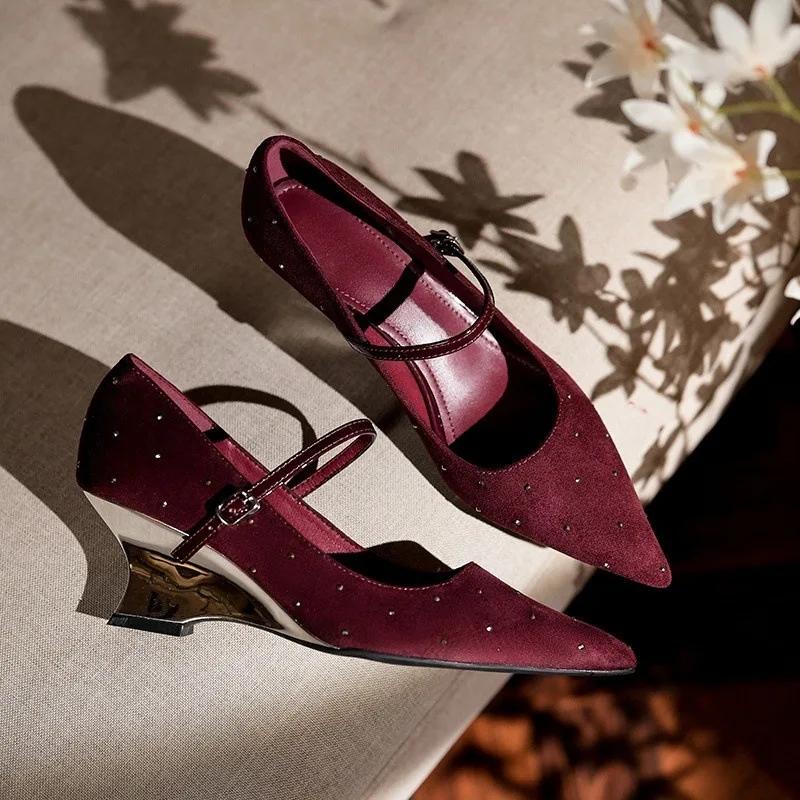 Fashion 2025 New Spring Women Pumps Fashion Sexy Black Red Shiny Pumps Women Buckle Pointed Toe High Heels Party Shoes Zapatos De Mujer