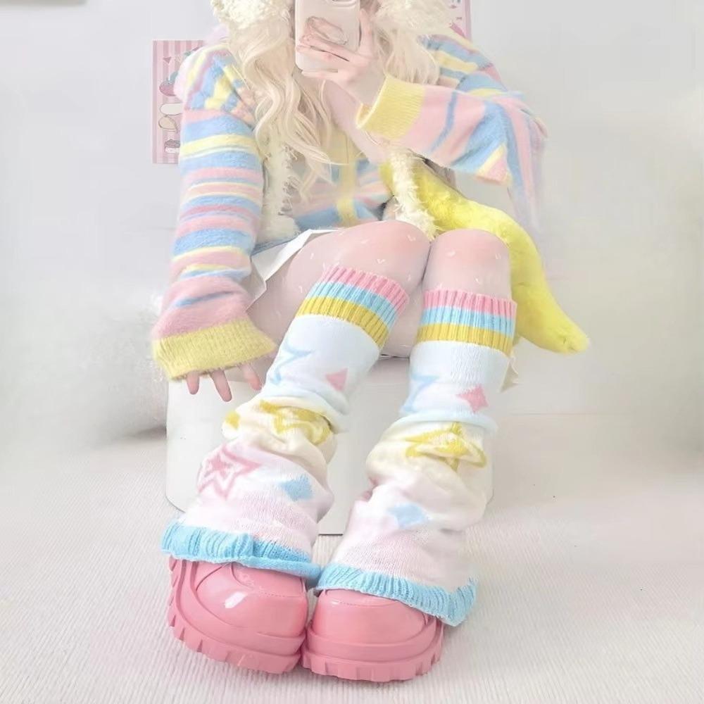 1 paio Scaldamuscoli Colore Caramella Jacquard con Motivo a Stella Calzettoni Lunghi Dolci Calzini Lavorati a Maglia Donna Ragazze