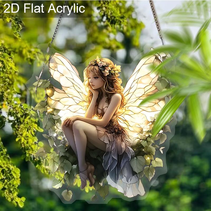 Acrylic Floral Fairy Suncatcher, Stained Glass Style Window Hanging Ornament for Fantasy and Nature Lovers