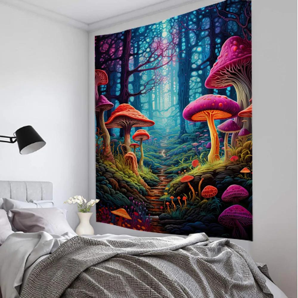 Fairy Tale Mushroom Forest Tapestry Wall Hanging Aesthetic Decoration Blanket Bed Sheet Living Room Bedroom Background Poster