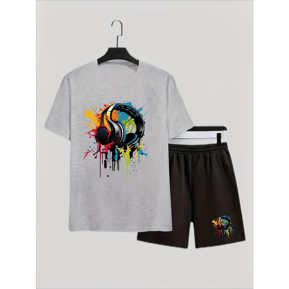 Fashion Men's T-shirt Shorts Set Color Headphones Printed Short Sleeve Tops Shorts 2pcs Summer Men Women's Outdoor Casual T-shirt Sets