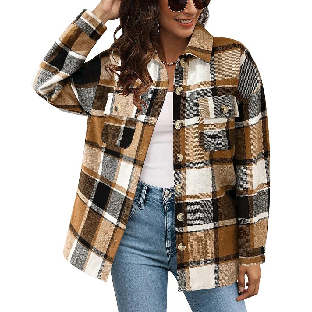 Women's Checkered Button Long Sleeved Loose Casual Shirt Jacket
