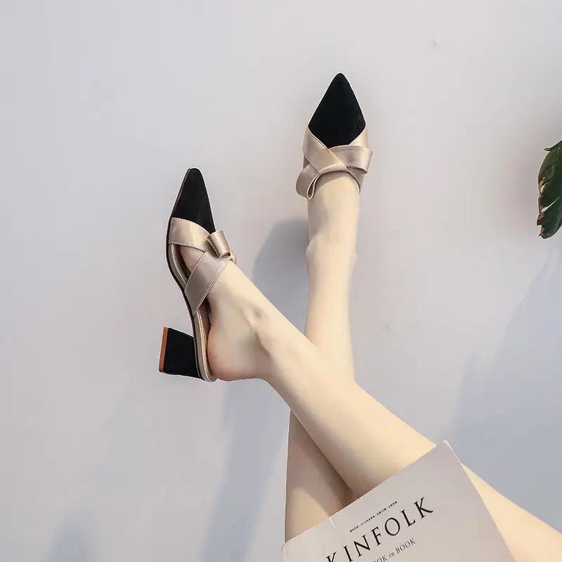 Fashion Slides Outside Shoes for Women Black Woman Slippers Pointed Toe Job Mules with Bow Heeled Sandals New Style Wholesale Trend B I