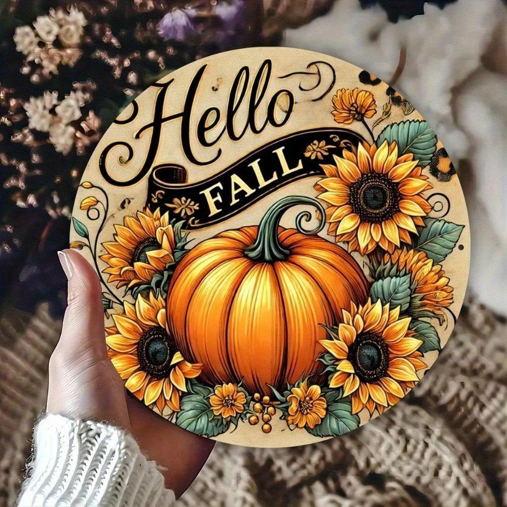 Tin Sign Fall Vintage Hello Fall Metal Poster, Farmhouse Wall Art 8x8 Inch