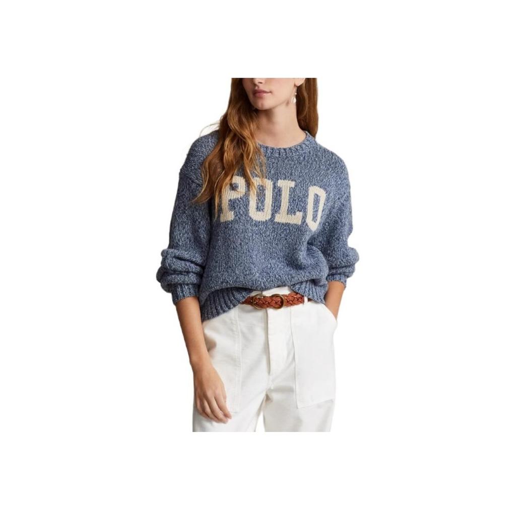 Polo Ralph Lauren SS24 Letter Embroidered Long Sleeve Crew Neck Loose Knit Sweater Women sweater Blue WMPOSWENC020871-999