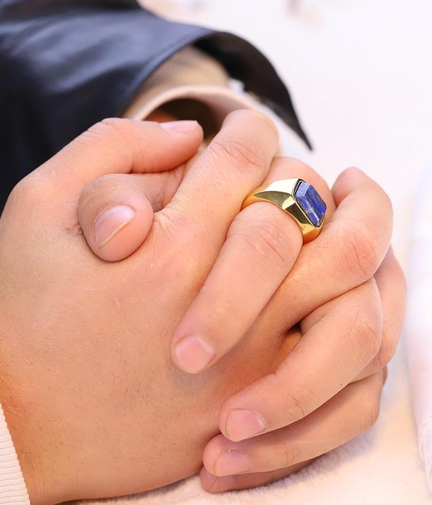 European & American Minimalist Retro Geometric 22MM Square Lapis Lazuli Inlaid Stainless Steel & Titanium Ring