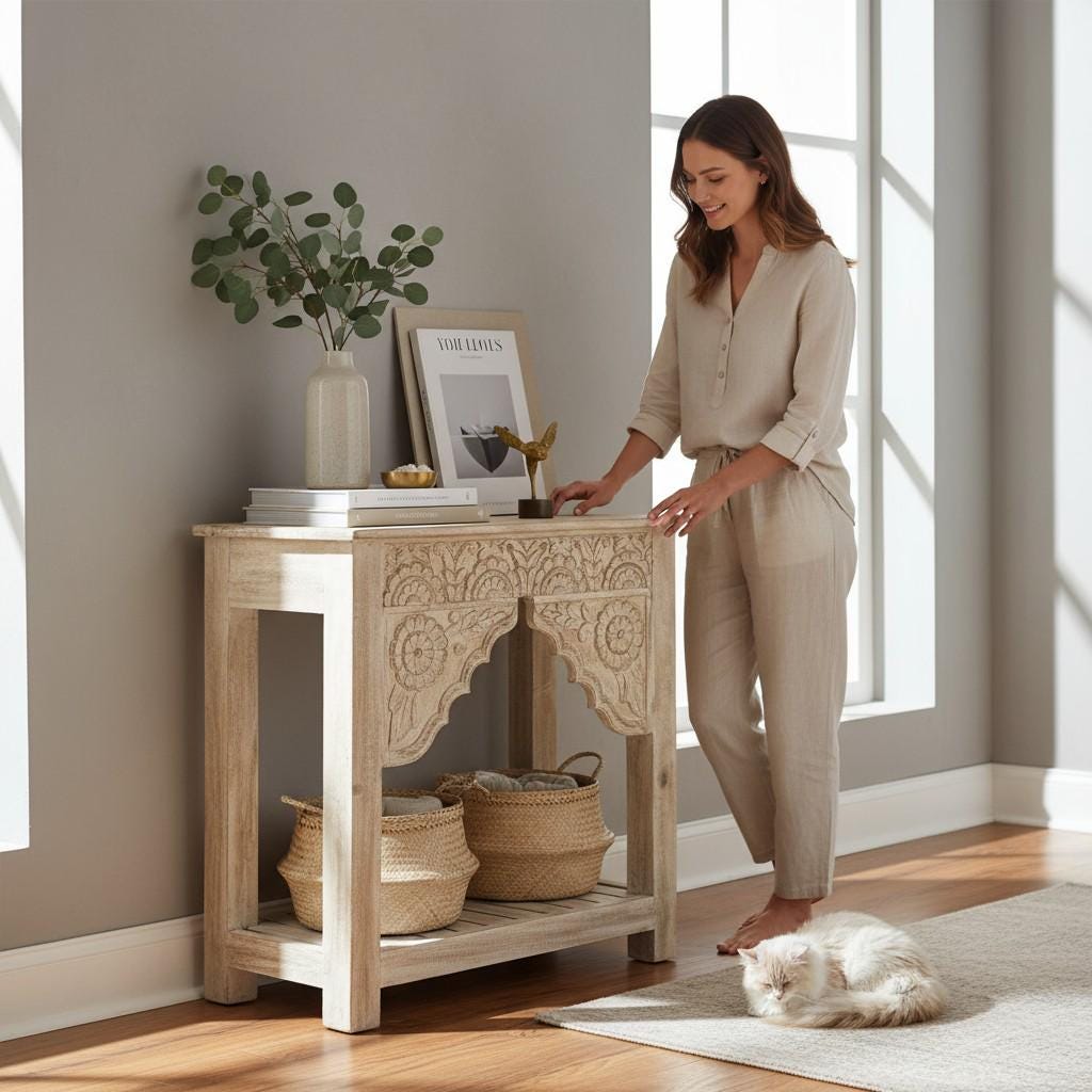 Hand-Carved Wooden Console Side Table Nightstand with Floral Bedside Table with Shelf | Solid Mango Wood Accent Table Traditional Table