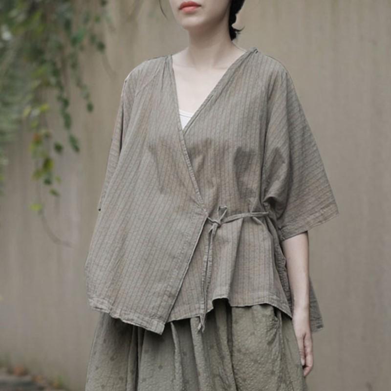 Johnature Women Vintage Blouses Summer V-Neck Short Sleeve Belt Shirts Tops Chinese Style Women Shirts