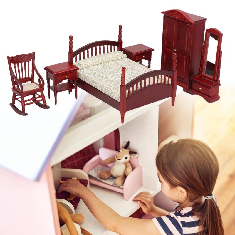 1/12 Scale Dollhouses Bedroom Set 6Pcs Realistic Wood Furniture Retro Bedside Table DIY Miniature Decors