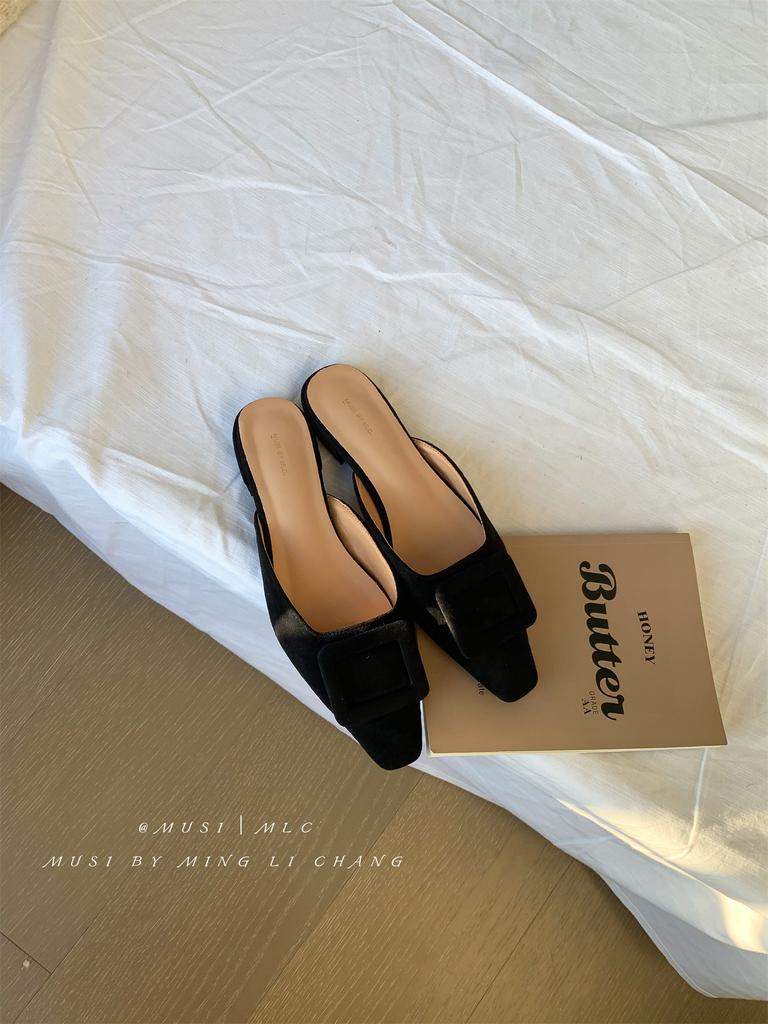 2025 Womens Summer Sandals Lady Mules Basic Style Shoes Natual Suede French Style Buckle Slippers Women Pump Pointed Slingback
