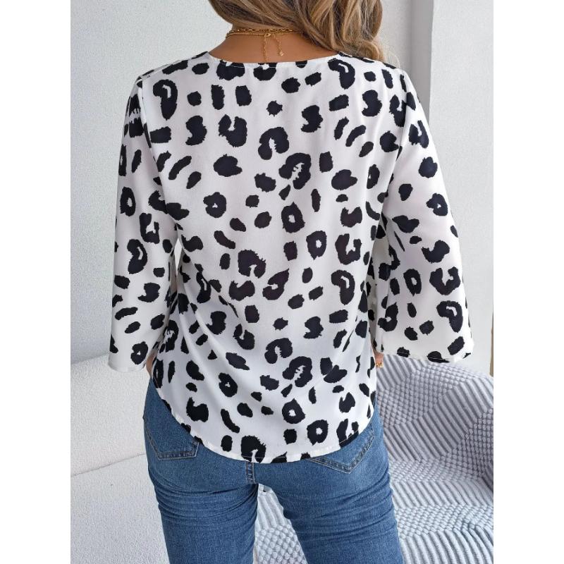Spring Summer Casual Leopard Print Middle Sleeve Tie Bow Tops for Women Fashion Color Block V Neck Buttons Shirts White Red