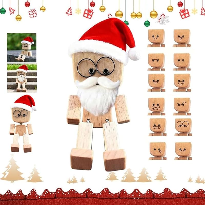 

Деревянная фигурка трясущегося человечка ручной работы, кукла из рождественской серии в шапке Санты с 12 магнитными выражениями лица, креативные подарки, для приборной панели автомобиля