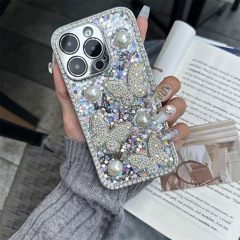 Klebe Pailletten Perle Schmetterling Handyhülle für IPhone17promax Feines Loch Linse Sturzsicher für Apple 16 Weiblich